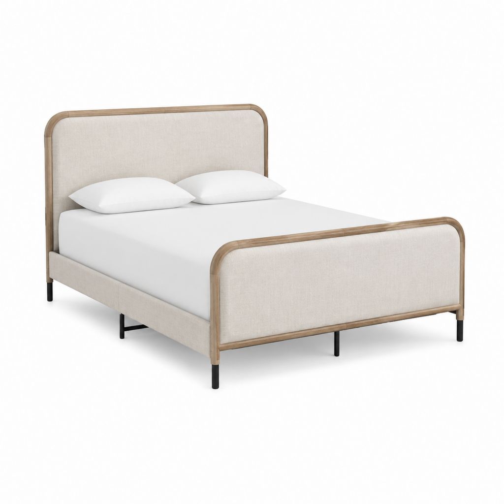 Lit double rectangulaire beige en polyester et bois massif 160 x 200 cm