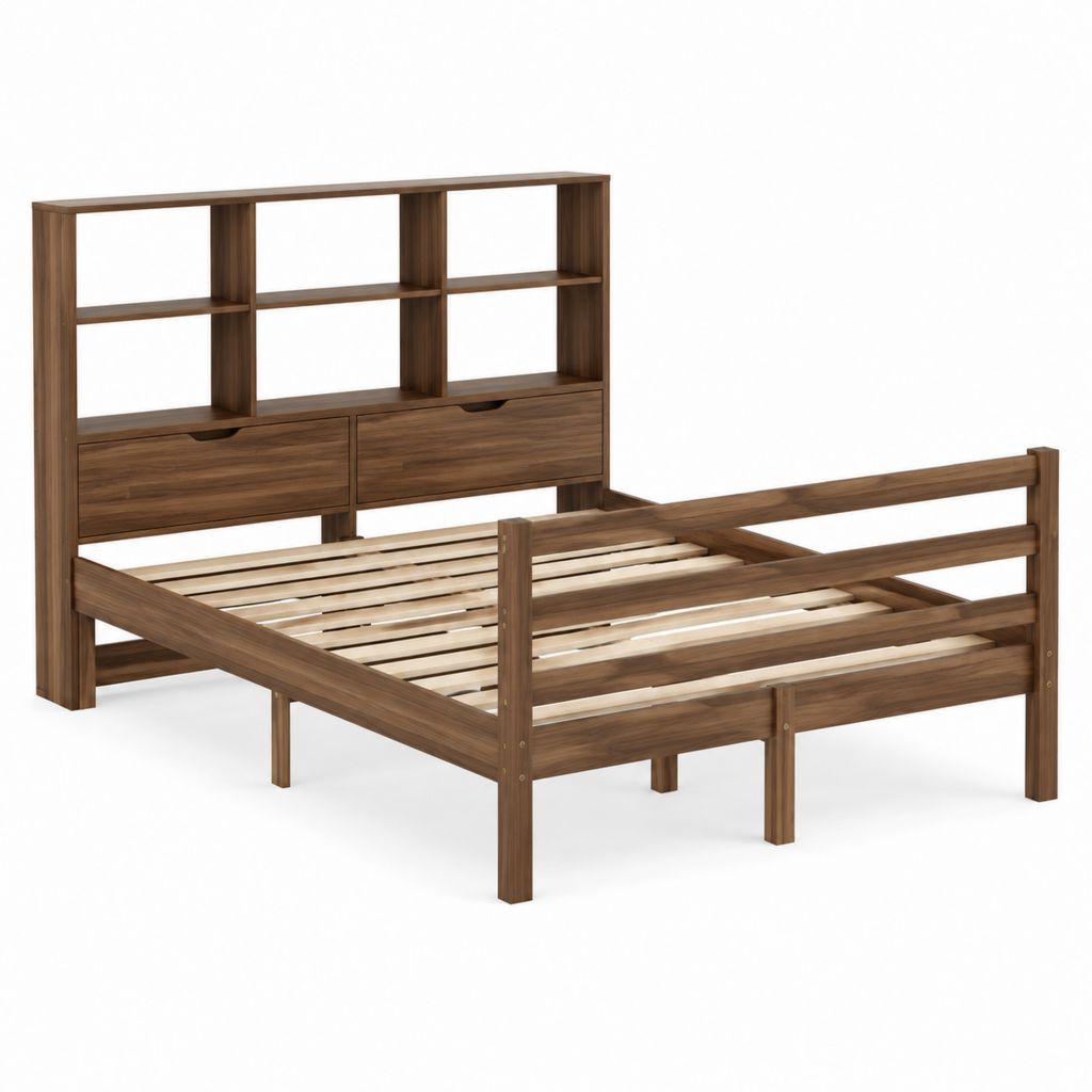 Lit double avec tête de lit de rangement noyer en bois massif 140 x 190 cm 208 x 146 x 180 cm