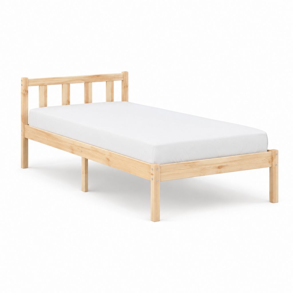 Cadre de lit simple 90 x 190 cm en pin massif naturel avec tête de lit à barreaux
