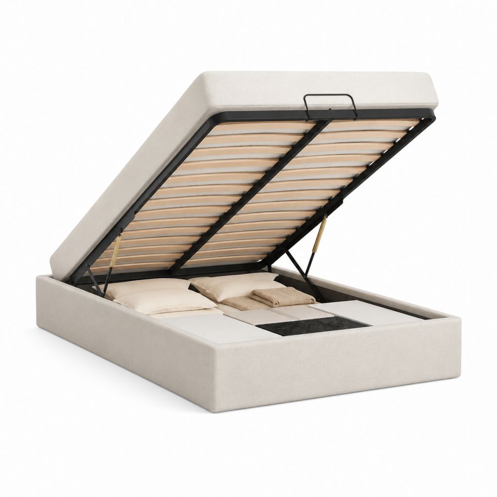 Lit coffre 160 x 200 cm beige en polyester avec sommier à lattes et ouverture relevable