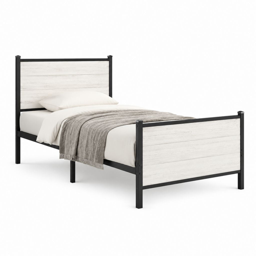 Cadre de lit simple 90 x 190 cm noir et blanc en acier et panneaux MDF
