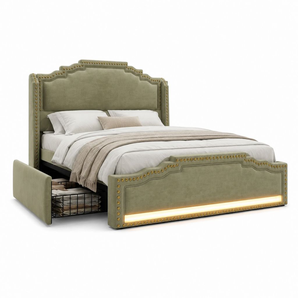 Lit 160x200 cm avec rangement LED vert olive en velours de polyester