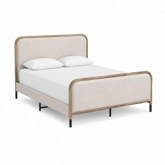 Lit double rectangulaire beige en polyester et bois massif 160 x 200 cm