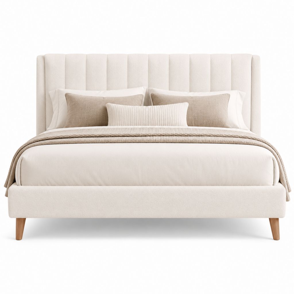 Lit double 160 x 200 cm beige en polyester avec tête de lit capitonnée