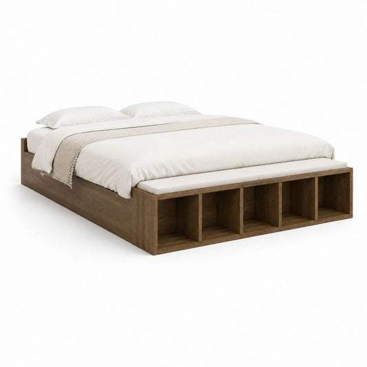 Lit double avec rangement intégré marron noyer et blanc cassé en MDF rectangulaire 160 x 200 cm 220 x 180 x 50 cm