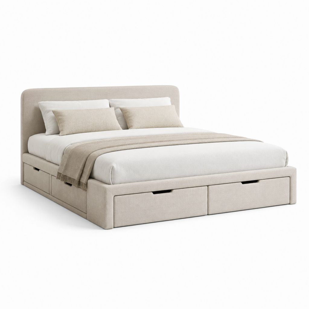 Lit coffre double beige en polyester avec 4 tiroirs 160 x 200 cm