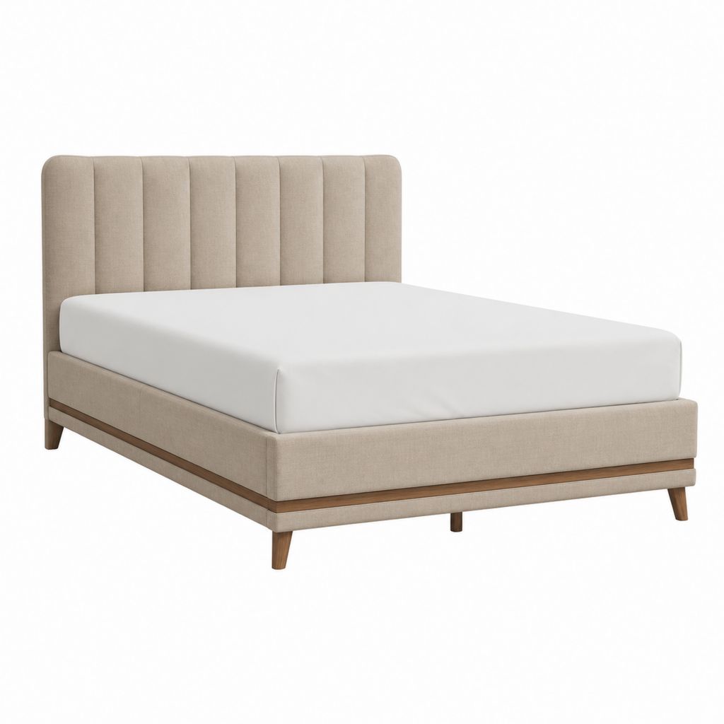 Cadre de lit double beige en polyester et MDF rectangulaire 160 x 200 cm