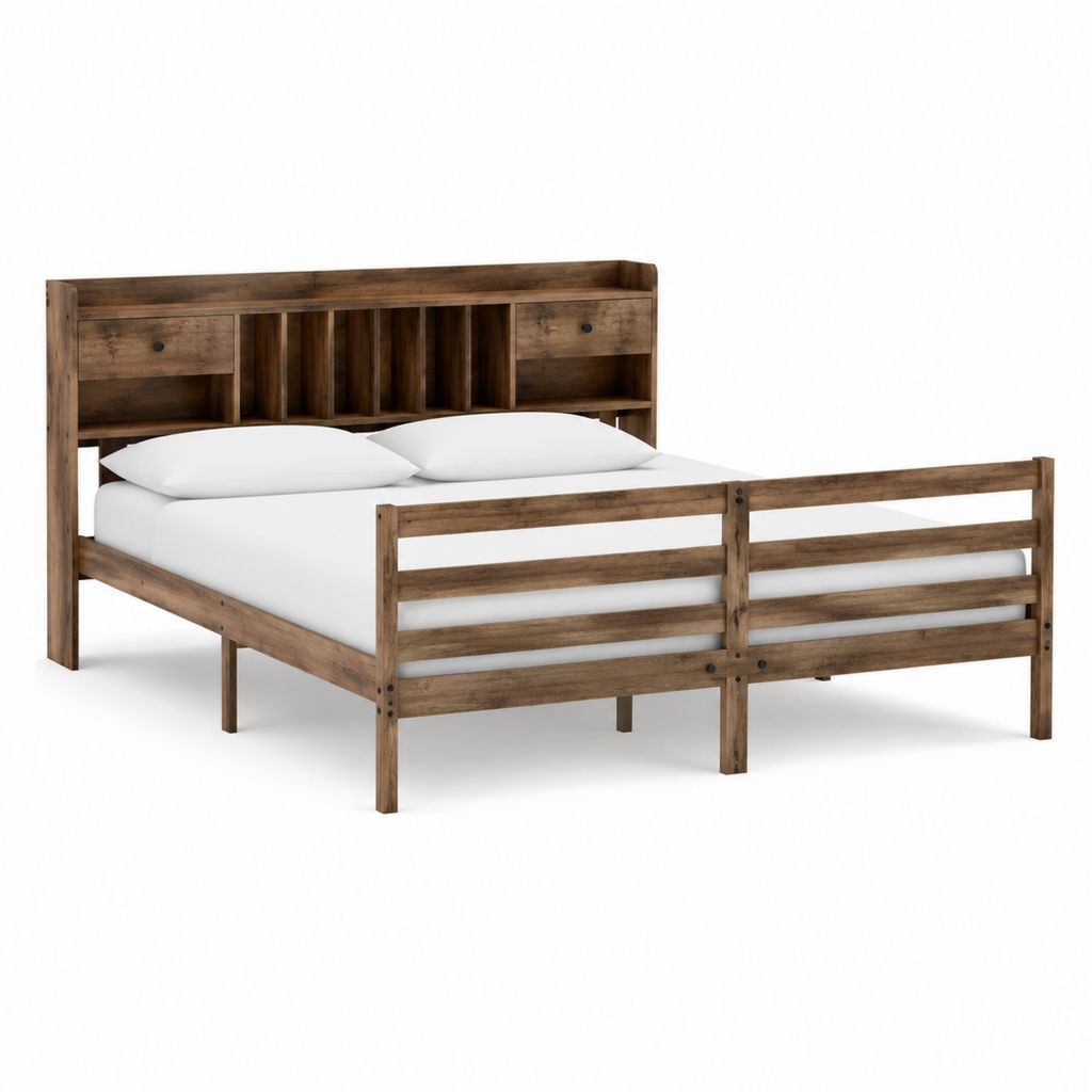 Lit double avec rangement marron en bois massif 160 x 200 cm