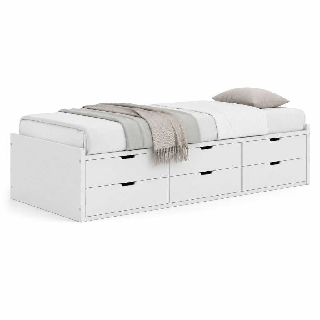 Lit simple avec rangement blanc en panneaux de particules 90 x 190 cm avec 6 tiroirs