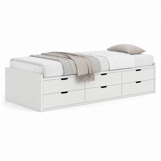 Lit simple avec rangement blanc en panneaux de particules 90 x 190 cm avec 6 tiroirs