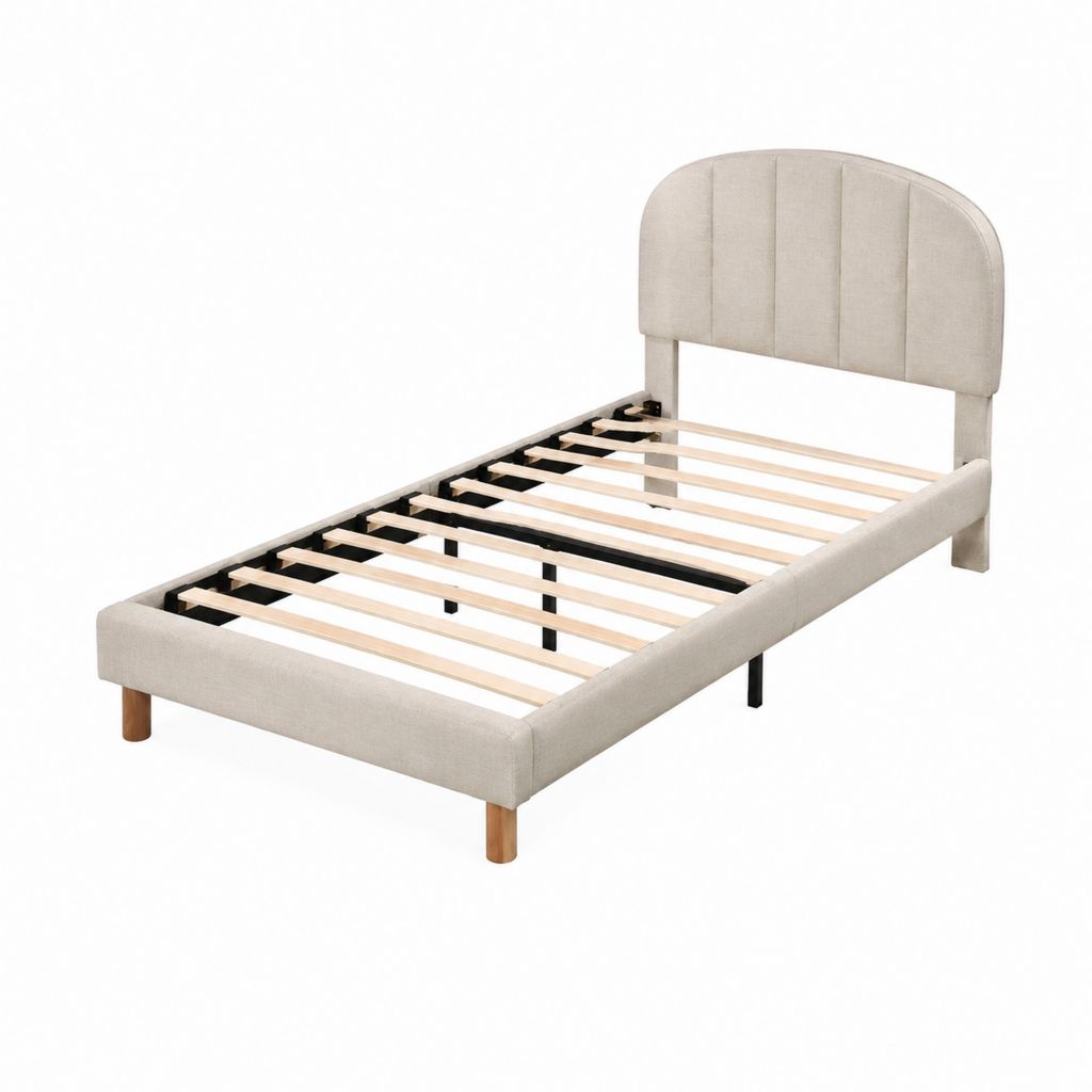 Cadre de lit 1 place beige en polyester avec tête de lit arrondie et sommier à lattes 90 x 190 cm