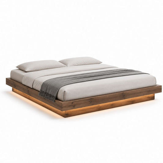 Cadre de lit plateforme 160 x 200 cm noyer en MDF plaqué avec éclairage LED
