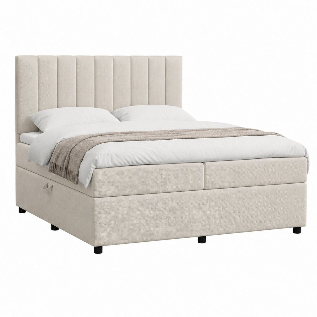 Lit coffre double beige en polyester rectangulaire 160 x 200 cm avec tête de lit capitonnée