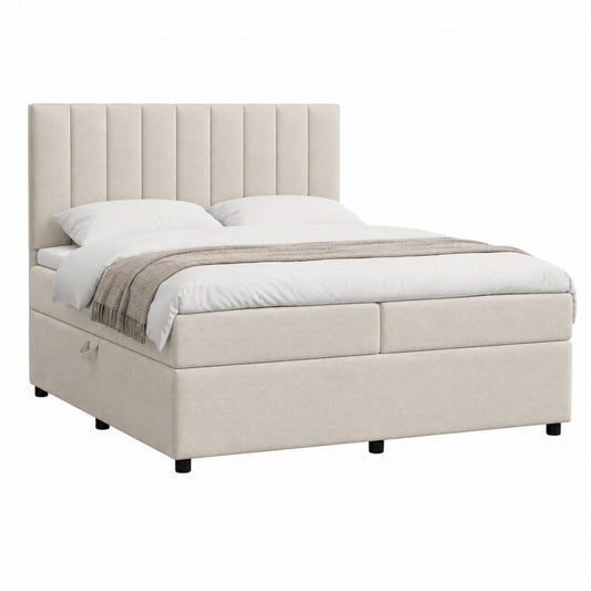Lit coffre double beige en polyester rectangulaire 160 x 200 cm avec tête de lit capitonnée