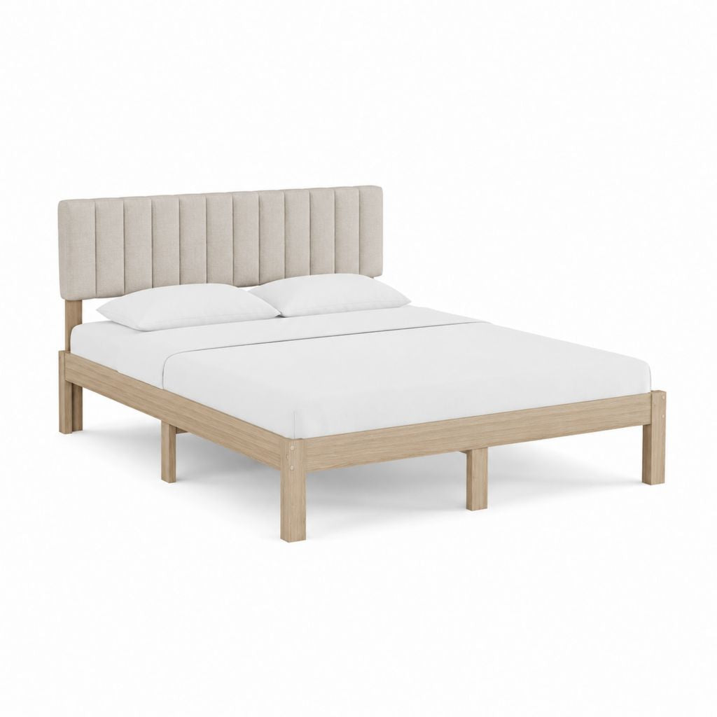 Lit double 160 x 200 cm cadre rectangulaire en hévéa massif beige avec tête de lit capitonnée en polyester