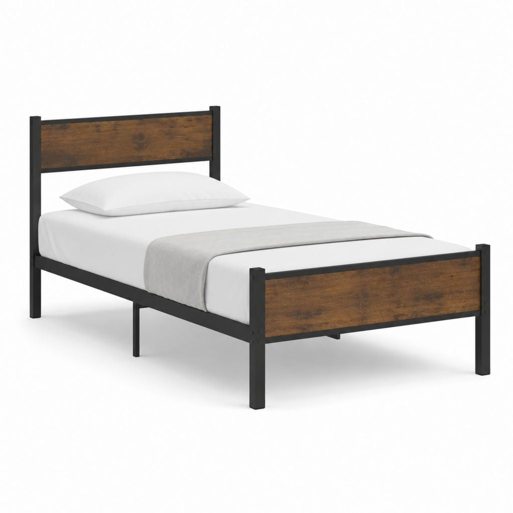 Cadre de lit simple 90 x 190 cm noir et marron avec panneaux effet bois