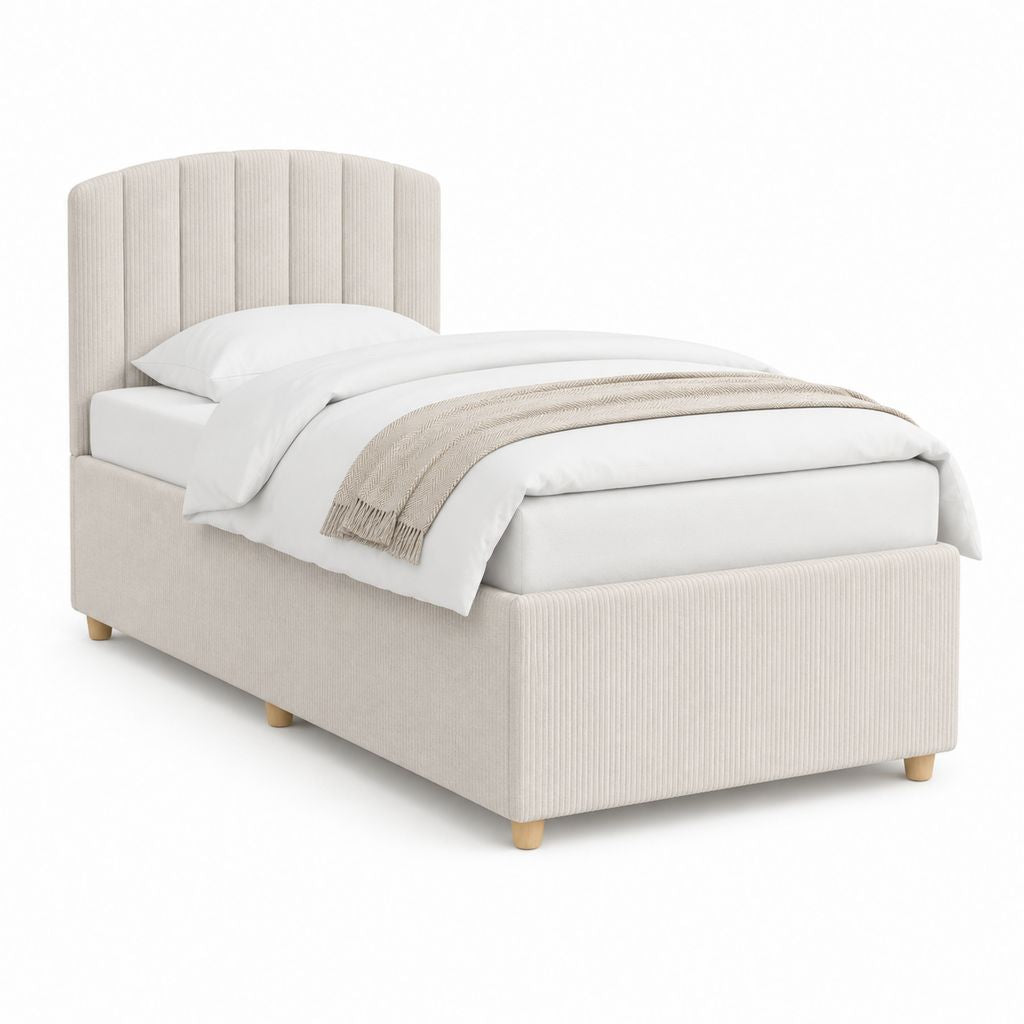 Lit simple capitonné beige en polyester avec tête de lit arrondie 90 x 190 cm