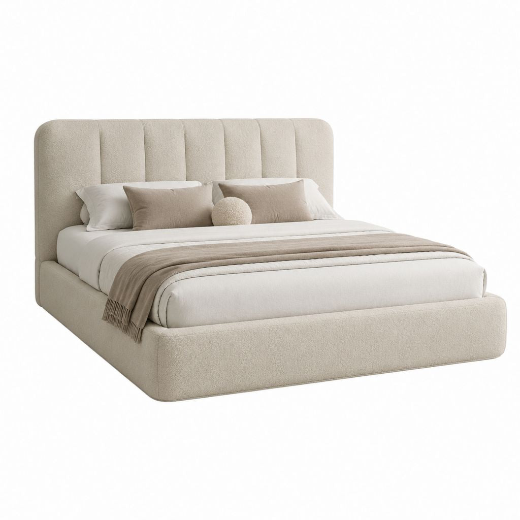 Lit double avec cadre beige en polyester bouclé 160 x 200 cm