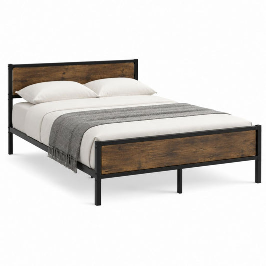 Cadre de lit double industriel noir et brun en acier et panneaux MDF 140 x 190 cm