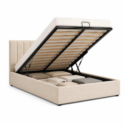 Lit coffre 160 x 200 cm beige en polyester avec sommier à lattes et tête de lit