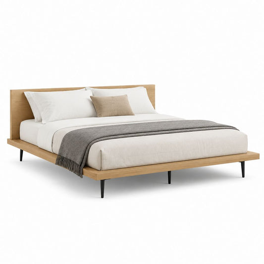 Lit double cadre de lit rectangulaire chêne clair MDF plaqué 160 x 200 cm