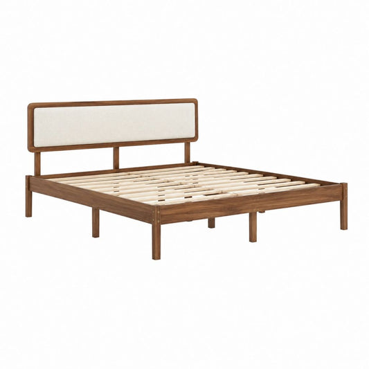 Lit double 160 x 200 cm en hévéa massif noyer avec tête de lit capitonnée beige