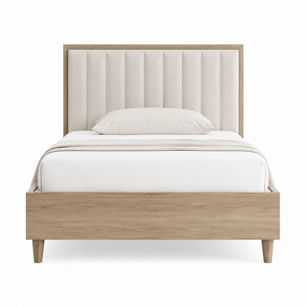 Lit double avec cadre en MDF décor chêne et tête de lit capitonnée beige 140 x 190 cm
