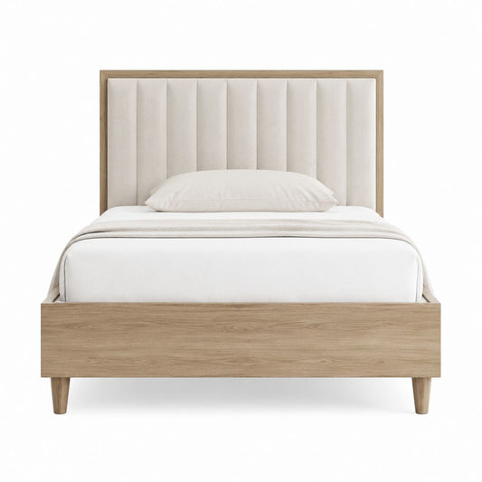 Lit double avec cadre en MDF décor chêne et tête de lit capitonnée beige 140 x 190 cm