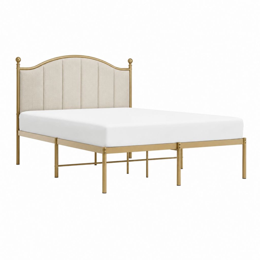 Cadre de lit double 160 x 200 cm doré en acier avec tête de lit capitonnée beige