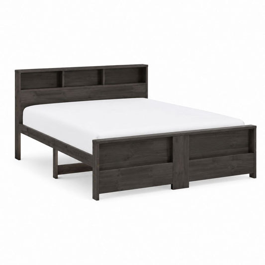 Lit double 160 x 200 cm en pin massif gris anthracite avec tête de lit à rangements