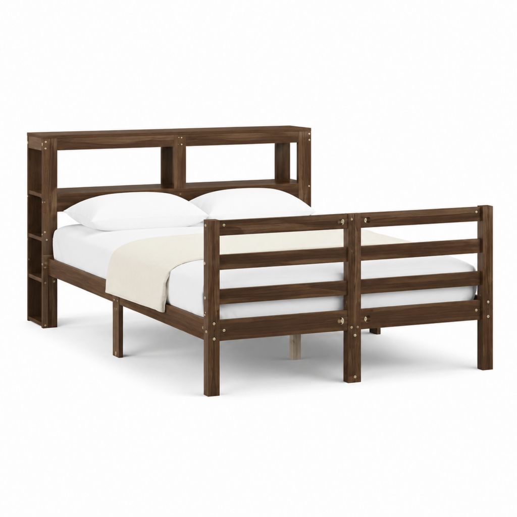 Cadre de lit double en bois massif brun noyer rectangulaire 140 x 190 cm