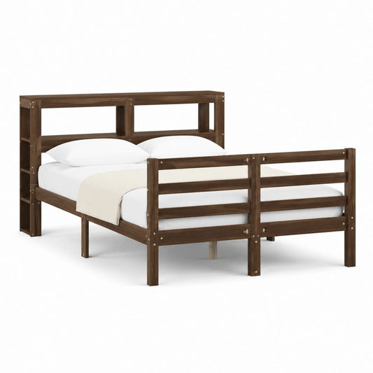 Cadre de lit double en bois massif brun noyer rectangulaire 140 x 190 cm