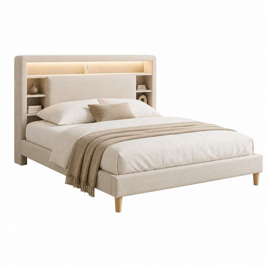 Lit double 160 x 200 cm beige en polyester avec tête de lit à rangements et éclairage LED