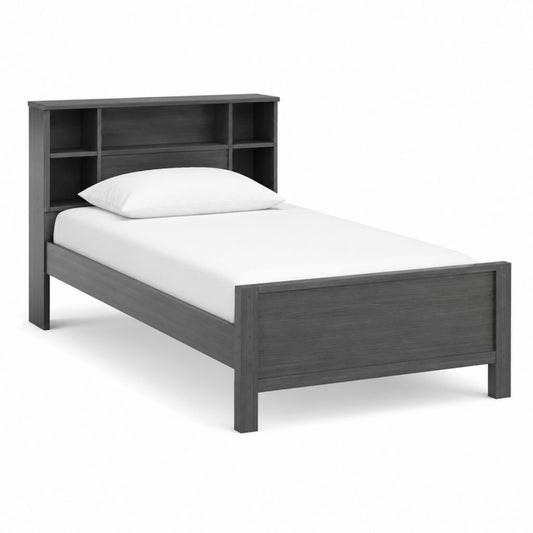 Lit simple avec rangement tête de lit gris foncé en panneaux de particules 90 x 190 cm