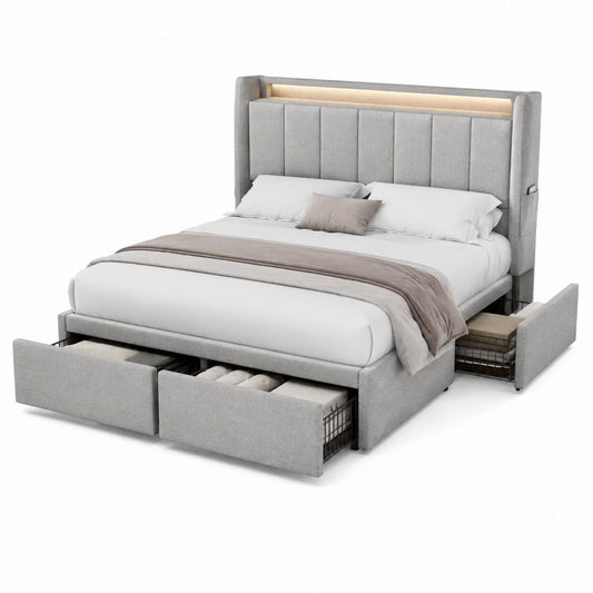 Lit coffre 160 x 200 cm gris en polyester avec tête de lit LED et 4 tiroirs