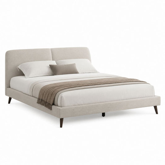 Lit double capitonné beige en polyester avec pieds en hévéa 160 x 200 cm