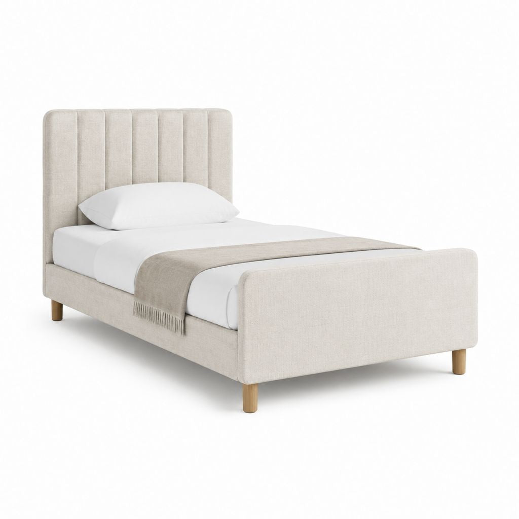 Lit simple capitonné beige en polyester 90 x 190 cm avec tête de lit et sommier