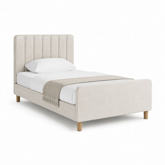 Lit simple capitonné beige en polyester 90 x 190 cm avec tête de lit et sommier